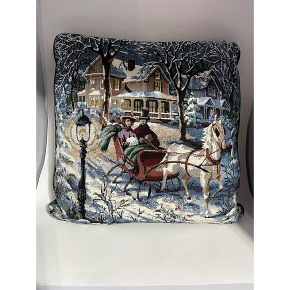 Vintage Winter Christmas Holiday Tapestry Throw Pillow Horse Sleigh Ride 15"x15" - Picture 1 of 2